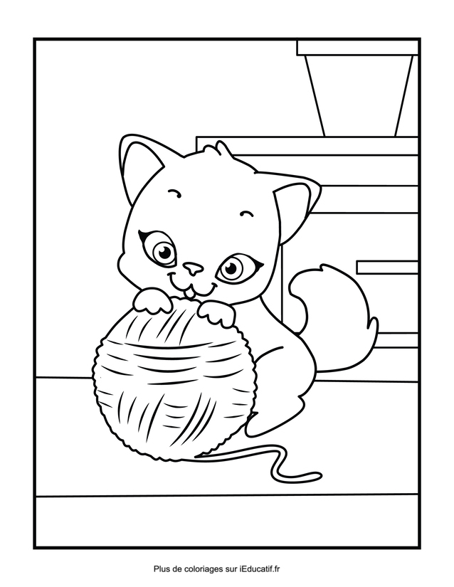 Coloriage chat et une pelote de laine