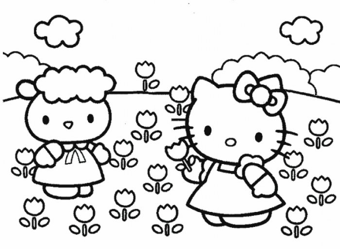 Coloriage Hello Kitty et les fleurs
