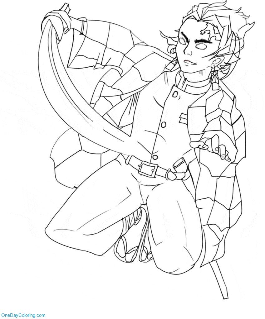 Coloriage Tanjiro Kamado sort son katana 