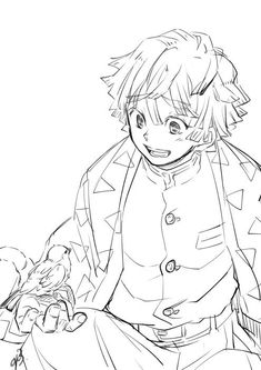Coloriage Zenitsu avec un oiseau sur son genou 