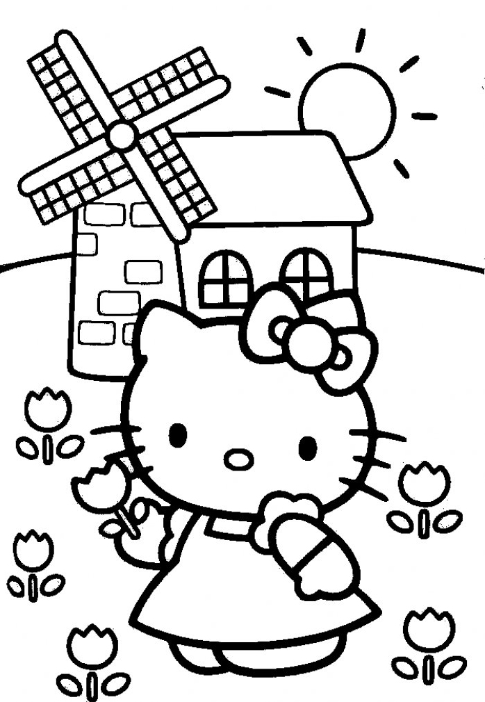 Hello Kitty cueille des fleurs près du moulin