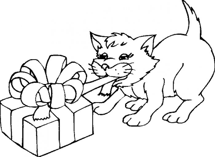 Petit chat qui ouvre un cadeau